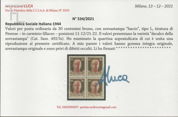 7400-Cent. 30 - Tiratura di Firenze - carminio lillaceo - decalco - - Image 3