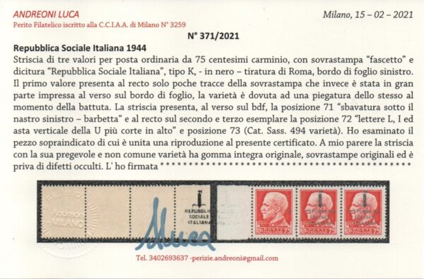 17000-Cent. 75 - Tiratura di Roma - Striscia di tre - Image 4