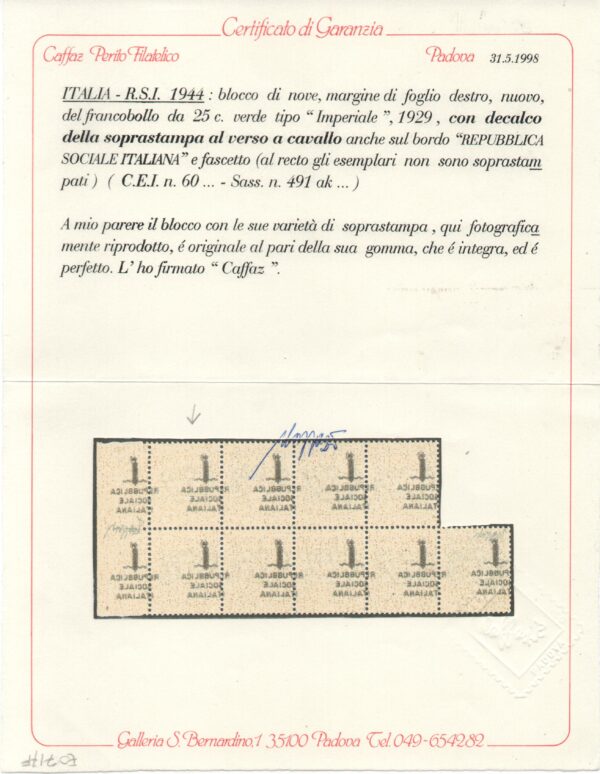 3650- Cent.25 - Decalco su esemplare non soprastampato - Blocco - - Image 5